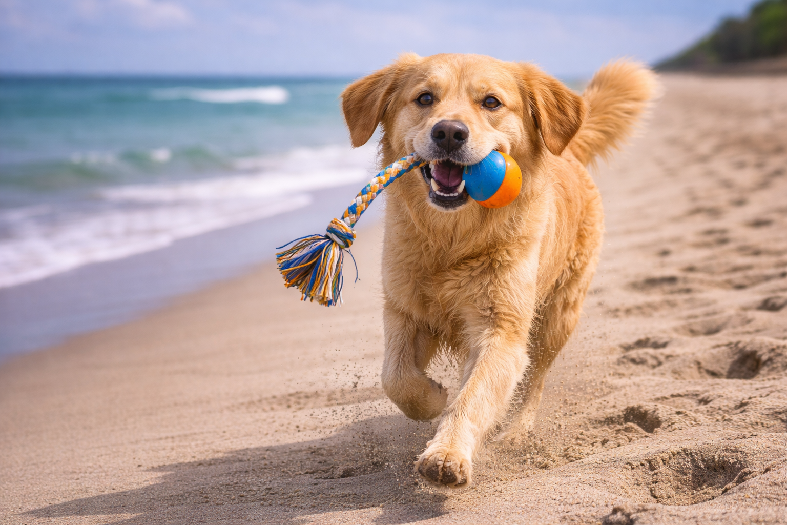 Golden retriever running on the beach with a toy